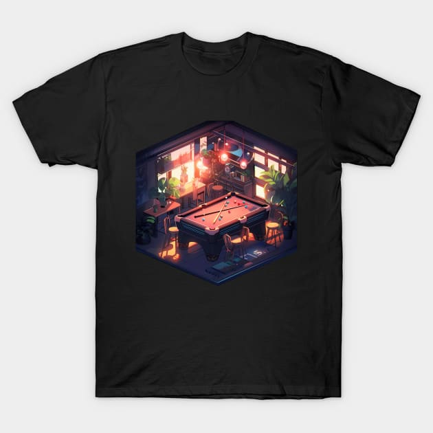Luminous Isometric Haven: Cool Lighting and Pool Table T-Shirt by TeeTopiaNovelty